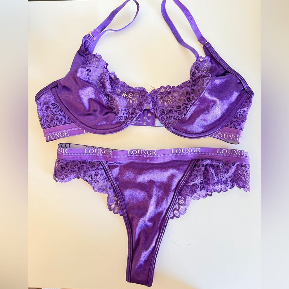 Lounge Underwear Lace & Satin Bra Set in Purple